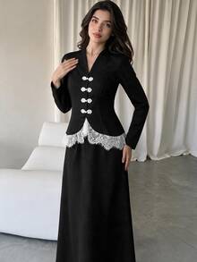 Modelyn Elegant Lace Patchwork New Chinese Style Handmade Frog Button Design Long Sleeve Top And Mermaid Skirt Set, Black Evening Gown, Spring/Autumn New Arrival - Black - View 5