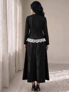 Modelyn Elegant Lace Patchwork New Chinese Style Handmade Frog Button Design Long Sleeve Top And Mermaid Skirt Set, Black Evening Gown, Spring/Autumn New Arrival - Black - View 2