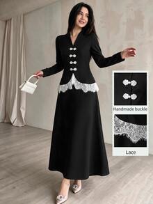 Modelyn Elegant Lace Patchwork New Chinese Style Handmade Frog Button Design Long Sleeve Top And Mermaid Skirt Set, Black Evening Gown, Spring/Autumn New Arrival - Black - View 4