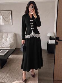 Modelyn Elegant Lace Patchwork New Chinese Style Handmade Frog Button Design Long Sleeve Top And Mermaid Skirt Set, Black Evening Gown, Spring/Autumn New Arrival - Black - View 3