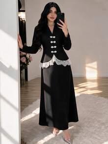 Modelyn Elegant Lace Patchwork New Chinese Style Handmade Frog Button Design Long Sleeve Top And Mermaid Skirt Set, Black Evening Gown, Spring/Autumn New Arrival - Black - View 7