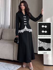 Modelyn Elegant Lace Patchwork New Chinese Style Handmade Frog Button Design Long Sleeve Top And Mermaid Skirt Set, Black Evening Gown, Spring/Autumn New Arrival - Black - View 1