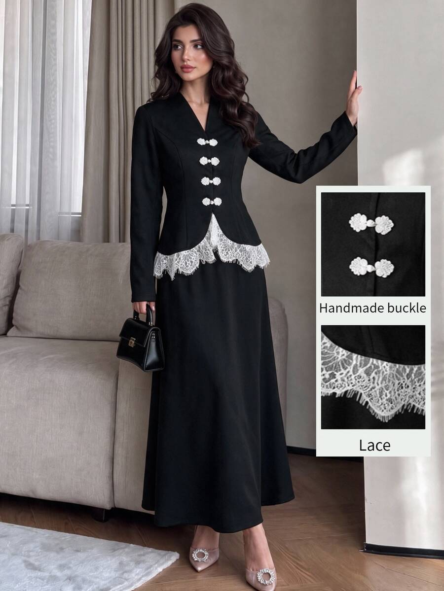 Modelyn Elegant Lace Patchwork New Chinese Style Handmade Frog Button Design Long Sleeve Top And Mermaid Skirt Set, Black Evening Gown, Spring/Autumn New Arrival - Black - View 1