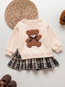 SHEIN 小女孩兒童 2合1 可愛熊圖案格紋百褶下擺運動衫洋裝，復古返校日常穿搭，秋冬套裝 - 杏色 - 查看 6