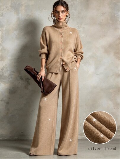 Omancia Women's New Autumn/Winter Solid Color Silver Thread 2 Pieces Set
