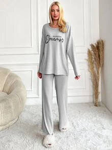 SHEIN طقم نسائي قطني مقاس طويل 2 قطعة محبوك مضلع رمادي مع شعار بأحرف بلون متباين وياقة دائرية وأكمام طويلة - رمادي - مشاهدة 8