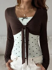 Livesso Women's Sweet Polka Dot Bow Decor Tie-Front 2 In 1 T-Shirt - Coffee Brown - View 3