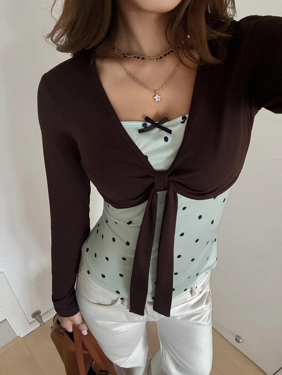 Livesso 女款甜美波點蝴蝶結裝飾前綁帶 2 合 1 T恤 - 咖啡棕 - 查看 1