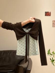 Livesso Women's Sweet Polka Dot Bow Decor Tie-Front 2 In 1 T-Shirt - Coffee Brown - View 1