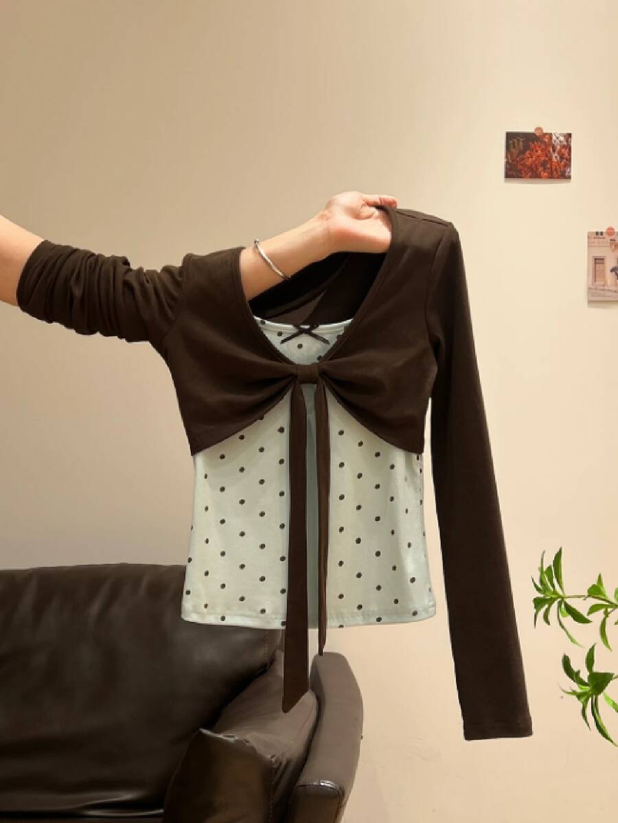 Livesso Women's Sweet Polka Dot Bow Decor Tie-Front 2 In 1 T-Shirt - Coffee Brown - View 1