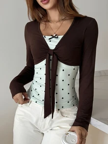 Livesso Women's Sweet Polka Dot Bow Decor Tie-Front 2 In 1 T-Shirt - Coffee Brown - View 6