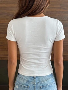 DAZY 女士纯色褶皱时尚百搭约会休闲短袖上衣 - 白色 - 查看 2