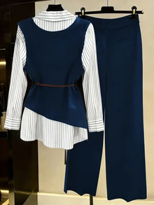 Franclia Women's Casual Fashion Cinched Waist 2 In 1 Shirt Vest And Slimming Wide Leg Pants Two Pieces Set - Navy Blue - View 2