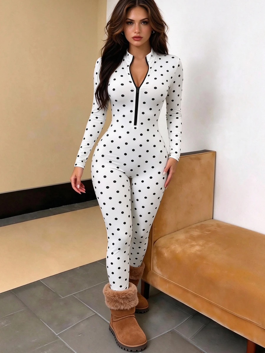 SHEIN 女款秋季美式休閒性感長袖豹紋拉鍊修身連身褲 運動款 黑白波點 - 黑與白 - 查看 1