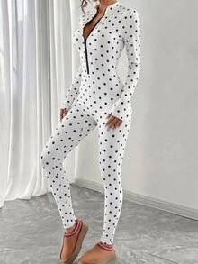 SHEIN Women's Fall/ American Casual Sexy Long Sleeve Leopard Print Zipper Fitted Jumpsuit Workout White And Black Polka Dot - Black and White - View 5