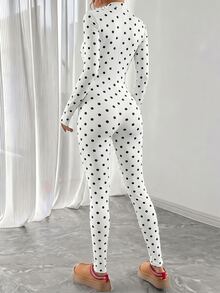 SHEIN Women's Fall/ American Casual Sexy Long Sleeve Leopard Print Zipper Fitted Jumpsuit Workout White And Black Polka Dot - Black and White - View 4