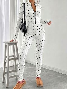 SHEIN Women's Fall/ American Casual Sexy Long Sleeve Leopard Print Zipper Fitted Jumpsuit Workout White And Black Polka Dot - Black and White - View 7