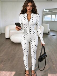 SHEIN Women's Fall/ American Casual Sexy Long Sleeve Leopard Print Zipper Fitted Jumpsuit Workout White And Black Polka Dot - Black and White - View 1