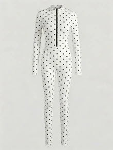 SHEIN Women's Fall/ American Casual Sexy Long Sleeve Leopard Print Zipper Fitted Jumpsuit Workout White And Black Polka Dot - Black and White - View 8