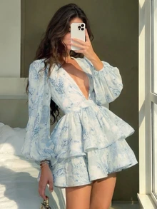 TaskSense Women's Elegant Summer White And Blue Floral Deep V-Neck Lantern Sleeve Satin Mini Dress,French Holiday Tea Party Holiday Cinched Waist Ruffle Hem - Blue - View 1