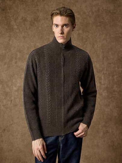 Manfinity Hypemode Men's Stand Collar Zip-Up Long Sleeve Cardigan, Casual Knitted Autumn/Winter, Loose Fit Deep Coffee Color Outerwear, Fashionable Commute Cable Knit Stand Collar Cardigan, Brown
