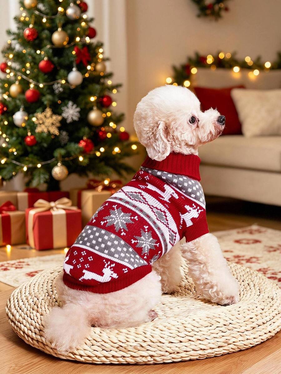 SHEIN 1pc Christmas Reindeer Sweater Is Suitable For Small And Medium Sized Dogs And Cats Christmas Holiday Costumes - Multicolor - View 1