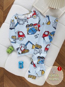 2件組男童幼兒淺藍色卡通工程車圖案印花長袖上衣與長褲緊身版型秋冬睡衣，舒適柔軟針織 - 彩色 - 查看 4
