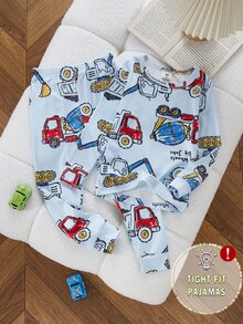 2件組男童幼兒淺藍色卡通工程車圖案印花長袖上衣與長褲緊身版型秋冬睡衣，舒適柔軟針織 - 彩色 - 查看 3
