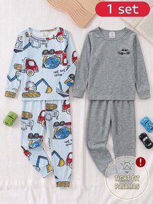 2件組男童幼兒淺藍色卡通工程車圖案印花長袖上衣與長褲緊身版型秋冬睡衣，舒適柔軟針織 - 彩色 - 查看 8