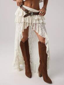 SHEIN ICON Women's Super Low Waist Lace Cake Layered Asymmetric Skirt - Apricot - View 3