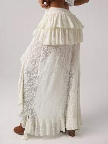 SHEIN ICON Women's Super Low Waist Lace Cake Layered Asymmetric Skirt - Apricot - View 2
