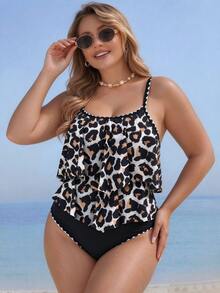 SHEIN Swim Curve 大尺碼女款兩件套，米色黑色細肩帶雙層荷葉邊上衣搭配高腰百褶飾邊長褲，夏季海灘度假性感風 - 彩色 - 查看 1