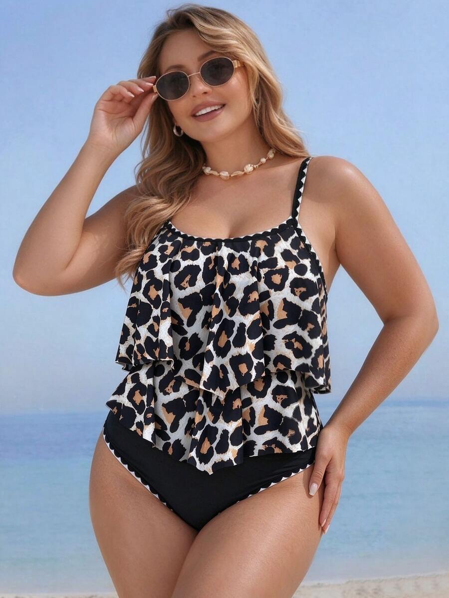 SHEIN Swim Curve 大尺碼女款兩件套,米色黑色細肩帶雙層荷葉邊上衣搭配高腰百褶飾邊長褲,夏季海灘度假性感風 - 彩色 - 查看 1