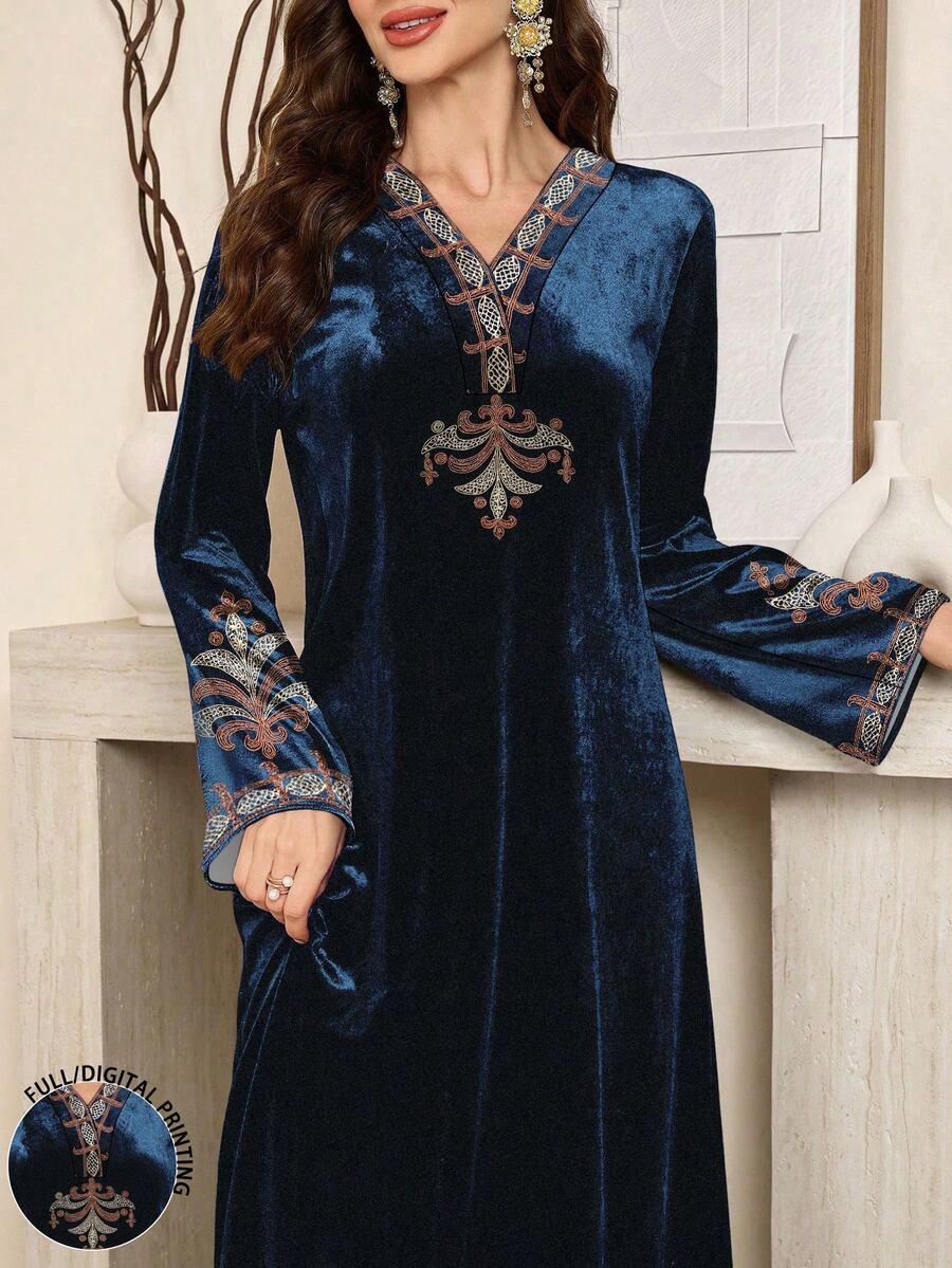 Mulvari Women's Retro Floral Print V-Neck Long Sleeve Elegant Velvet Arabic Maxi Dress, Autumn/Winter - Green - View 1