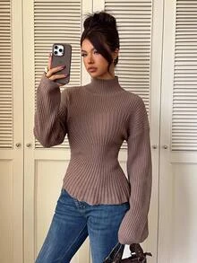 Siren Gaze Women's Ribbed Ruched Waist Asymmetrical Hem Sweater Office Shades Of Brown Fall Casual - Brown - View 7