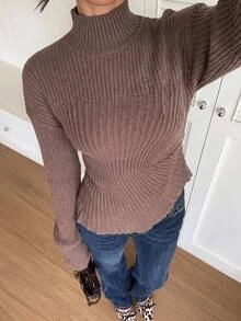 Siren Gaze Women's Ribbed Ruched Waist Asymmetrical Hem Sweater Office Shades Of Brown Fall Casual - Brown - View 4