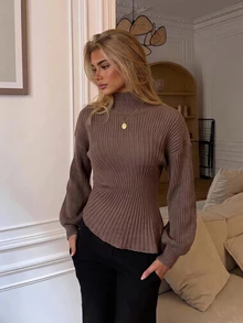 Siren Gaze Women's Ribbed Ruched Waist Asymmetrical Hem Sweater Office Shades Of Brown Fall Casual - Brown - View 13