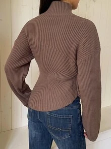 Siren Gaze Women's Ribbed Ruched Waist Asymmetrical Hem Sweater Office Shades Of Brown Fall Casual - Brown - View 2