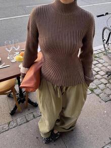Siren Gaze Women's Ribbed Ruched Waist Asymmetrical Hem Sweater Office Shades Of Brown Fall Casual - Brown - View 10