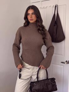 Siren Gaze Women's Ribbed Ruched Waist Asymmetrical Hem Sweater Office Shades Of Brown Fall Casual - Brown - View 9