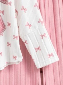 Young Girls Pink Bowknot Print 2Pcs Outfit Pearl Bead Mock Neck Asymmetric Top & Ribbed Flare Pants Fall Christmas Clothes - Pink - View 8