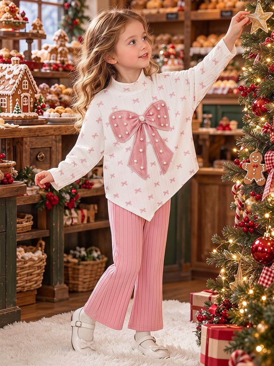 Young Girls Pink Bowknot Print 2Pcs Outfit Pearl Bead Mock Neck Asymmetric Top & Ribbed Flare Pants Fall Christmas Clothes - Pink - View 1