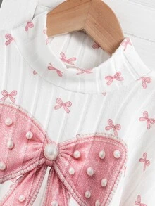 Young Girls Pink Bowknot Print 2Pcs Outfit Pearl Bead Mock Neck Asymmetric Top & Ribbed Flare Pants Fall Christmas Clothes - Pink - View 6