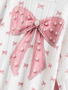 Young Girls Pink Bowknot Print 2Pcs Outfit Pearl Bead Mock Neck Asymmetric Top & Ribbed Flare Pants Fall Christmas Clothes - Pink - View 5