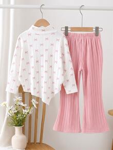 Young Girls Pink Bowknot Print 2Pcs Outfit Pearl Bead Mock Neck Asymmetric Top & Ribbed Flare Pants Fall Christmas Clothes - Pink - View 2
