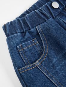 SHEIN 4-7歲小男孩牛仔長褲 淺藍色水洗棉布 多功能時尚牛仔寬鬆款 適合春夏秋冬四季穿著 - 深色水洗藍 - 查看 5