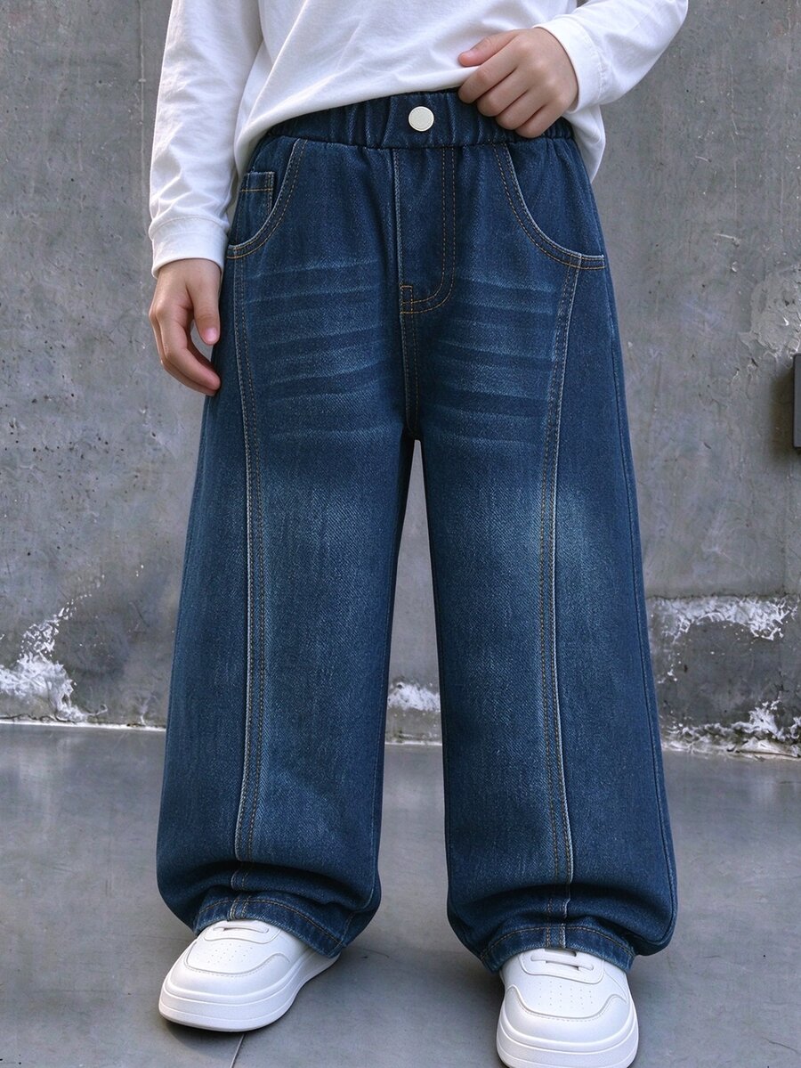 SHEIN 4-7Y Little Boys' Jeans Pants Baby Blue Washed Cotton, Versatile, Stylish Cowboy Loose-Fitting, Suitable For Spring, Summer, Autumn, Fall, And Winter - Dark Wash - View 1