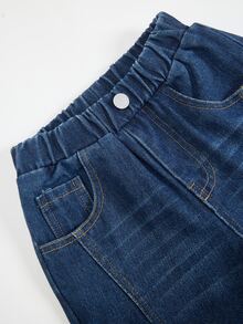 SHEIN 4-7歲小男孩牛仔長褲 淺藍色水洗棉布 多功能時尚牛仔寬鬆款 適合春夏秋冬四季穿著 - 深色水洗藍 - 查看 4