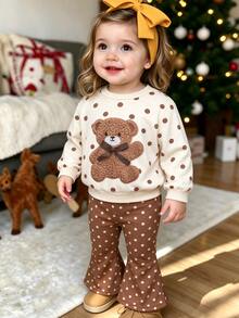 Baby Girl Autumn/Winter Cute Sweet Floral Butterfly Print Long Sleeve Crew Neck Sweatshirt And Flare Pants 2 Pieces Set, Chill, Kawaii, Cozy Fall - Multicolor - View 1
