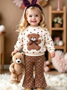 Baby Girl Autumn/Winter Cute Sweet Floral Butterfly Print Long Sleeve Crew Neck Sweatshirt And Flare Pants 2 Pieces Set, Chill, Kawaii, Cozy Fall - Multicolor - View 3
